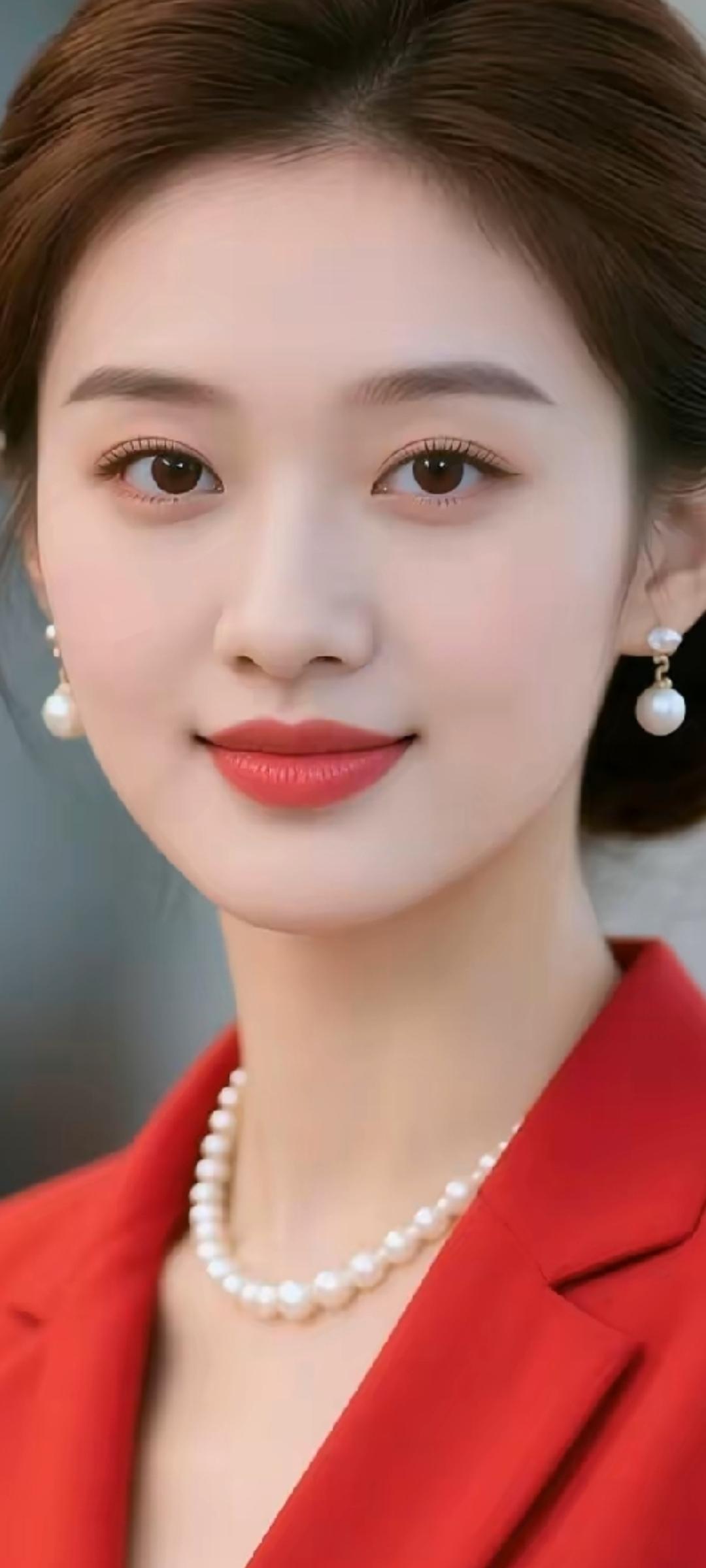 优雅红衣，珍珠闪耀，自信微笑，气质满分！💄✨