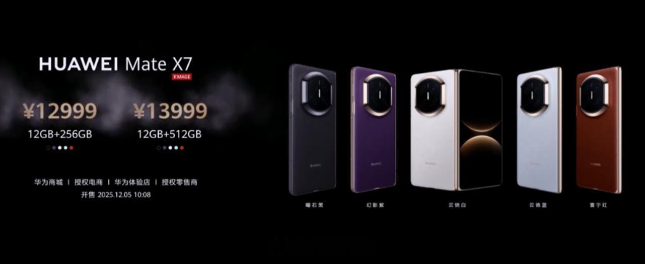 【华为Mate X7】12+256GB版12999元，12+512GB版1399