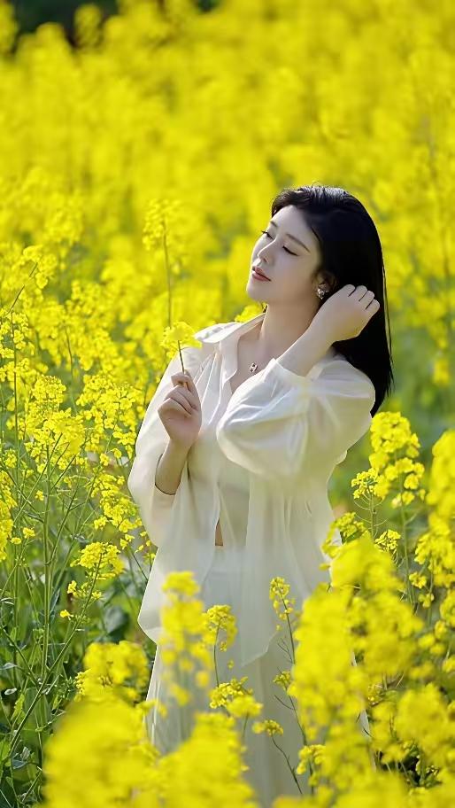 塞鸿秋·油菜花田 
白衣轻入金黄浪，
春风软抱花香漾。
无言漫把春心放，
向阳自