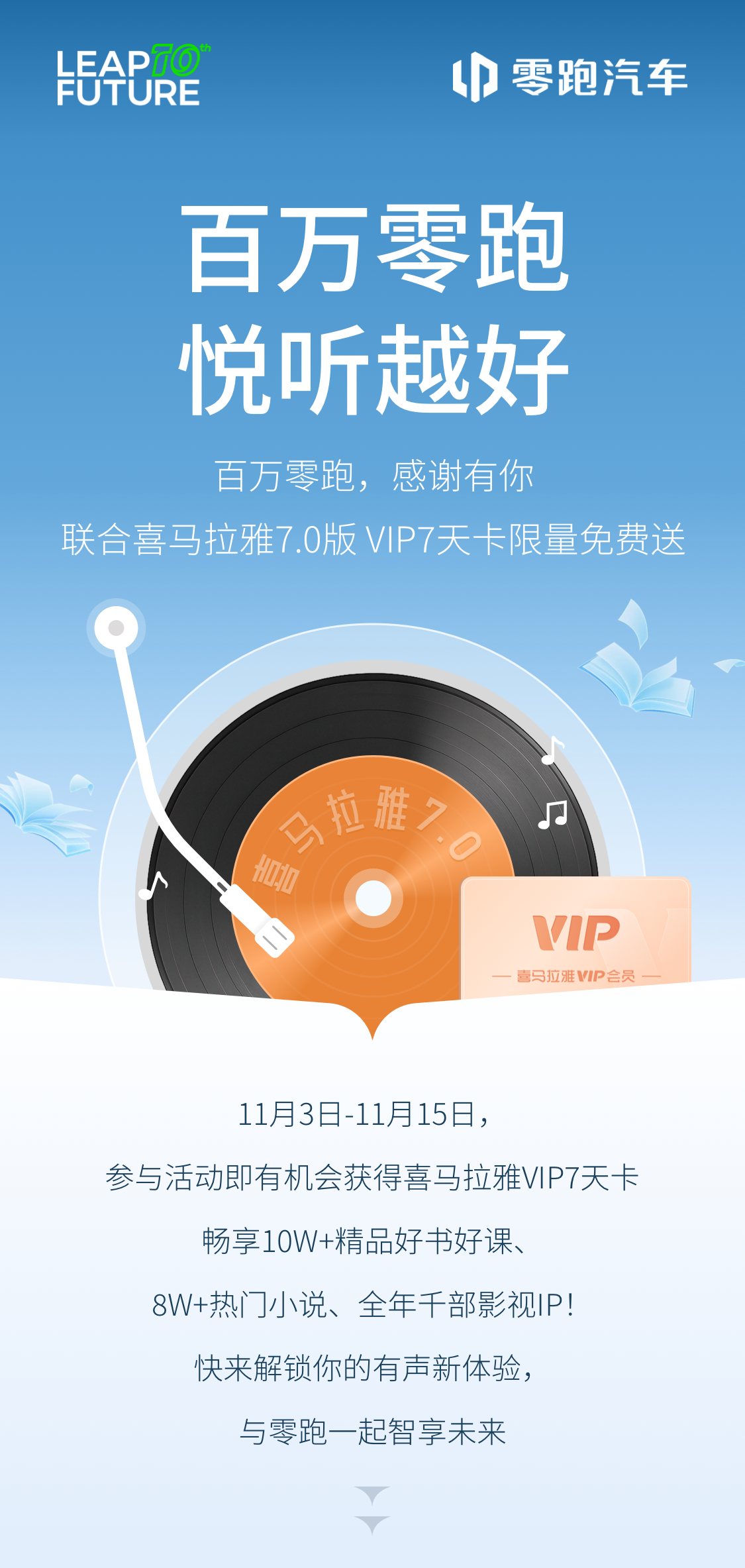 终于不用蹭朋友的会员了！零跑汽车和喜马拉雅一起发福利，VIP限量免费送海量内容听