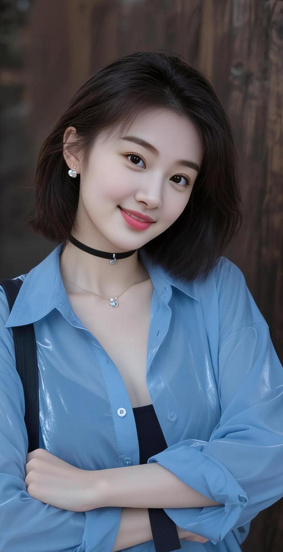 AI蓝衫短发情 青春少女 写真照片 少女写真