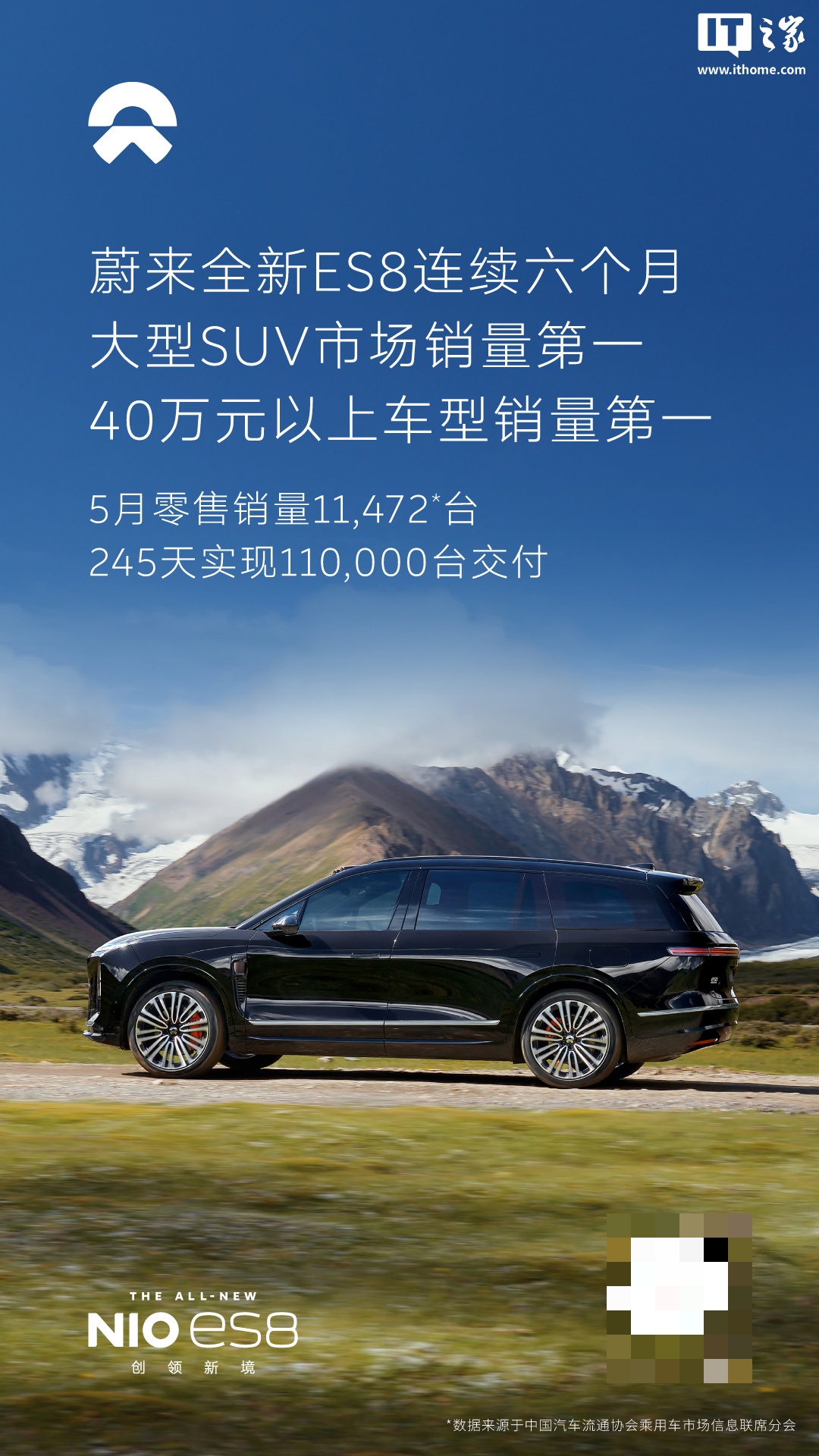 蔚来官宣全新 ES8 连续六个月获大型 SUV 市场销量第一