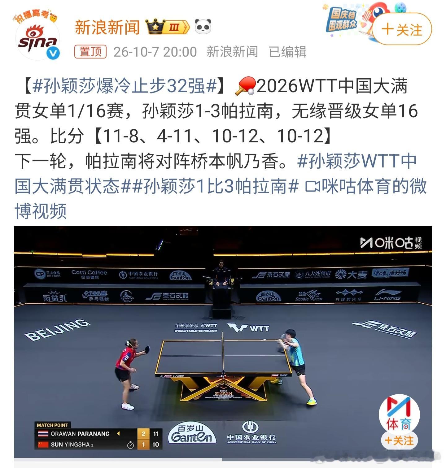 孙颖莎爆冷止步32强带着伤病出战，很不容易了，孙颖莎好样的，虽然止步32强，但你