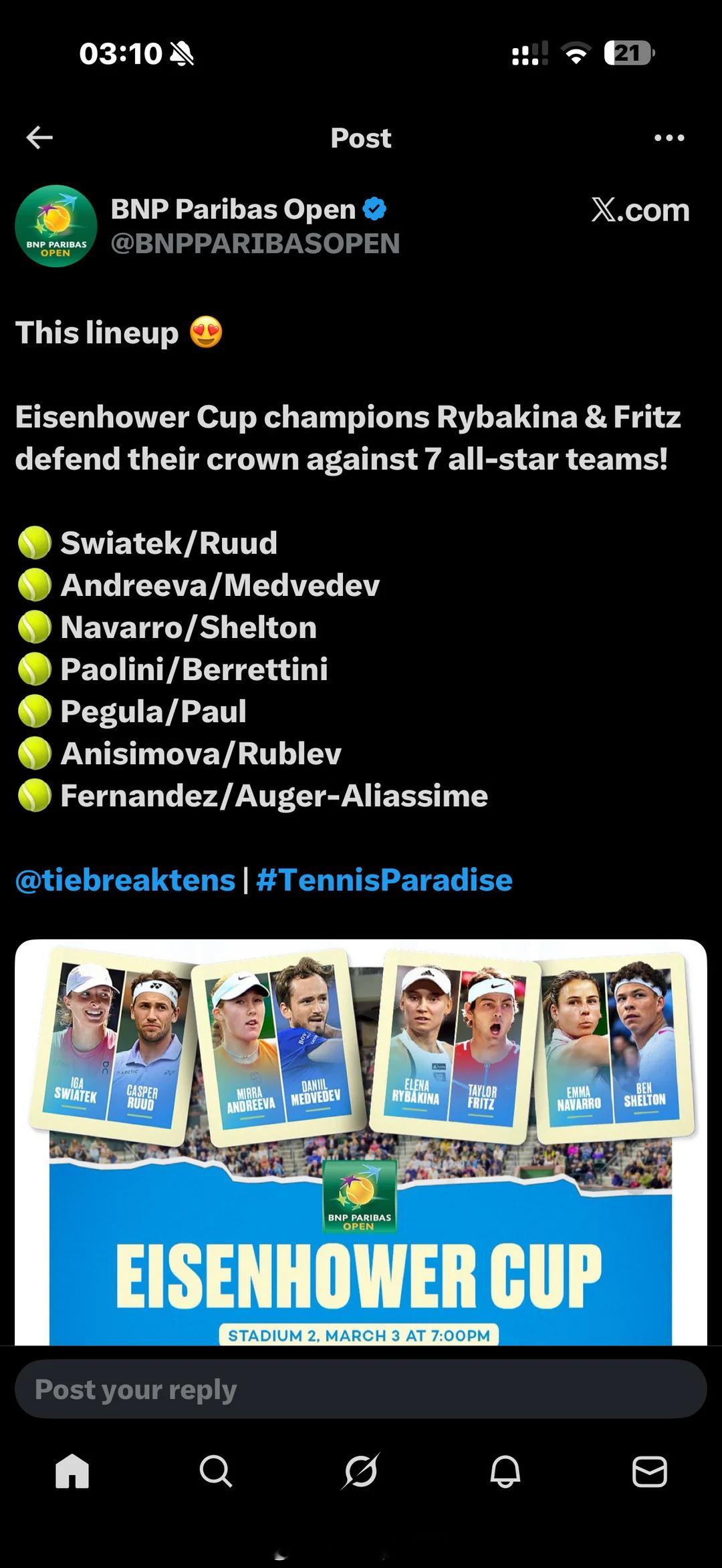 艾森豪威尔杯aka印第安维尔斯1000赛的混双表演赛阵容出炉 