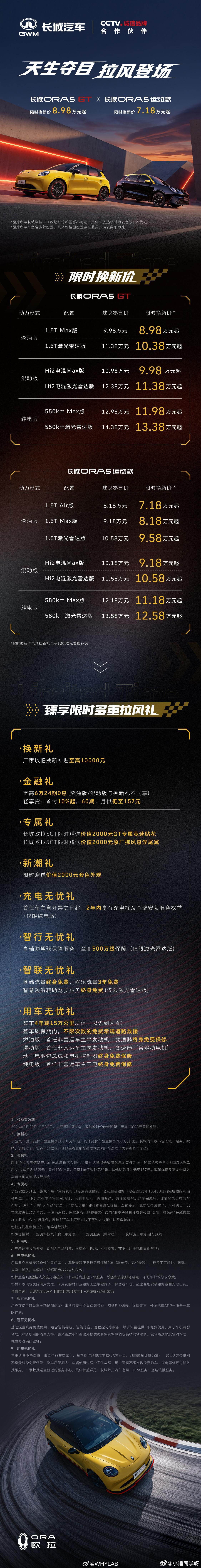 长城欧拉5GT和运动款限时换新价，至高10000元长城欧拉5GT限时赠送价值20