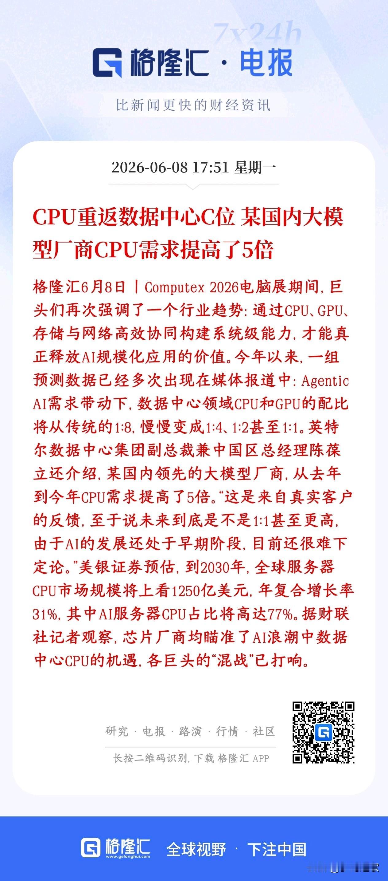 明天A股科技就看CPU概念了，需求量暴增，迎来全新周期
以前AI靠GPU“死算”
