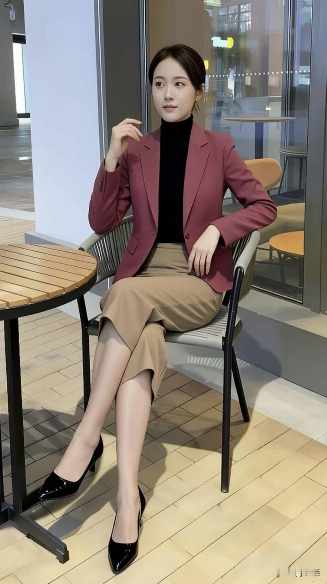 豆沙红西装+黑高领+卡其色七分裤，没有夸张设计，没有多余装饰，低饱和配+松弛版型