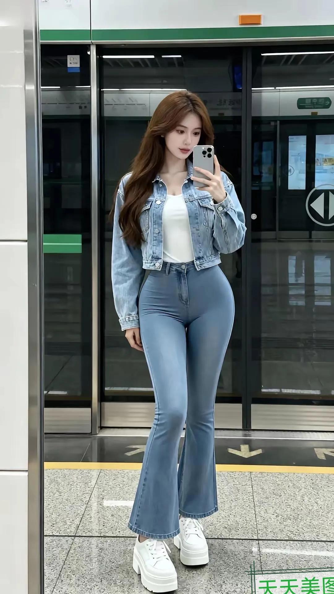 牛仔穿搭，地铁自拍