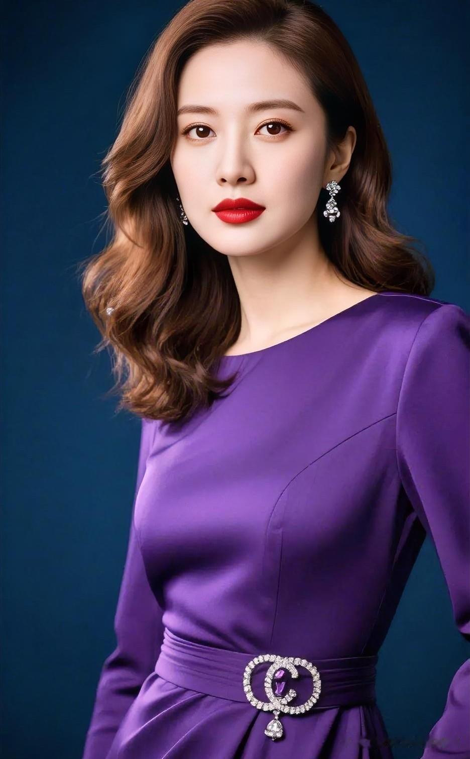 深紫缎面长裙勾勒曼妙曲线，璀璨钻饰点缀腰间，复古波浪卷发配合明艳红唇，于深邃背景
