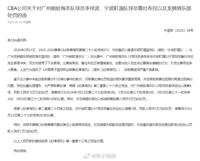 CBA官方的处罚来了！对于李祥波停赛四场，罚款十万，对龙狮俱乐部罚款五万。对于鲁