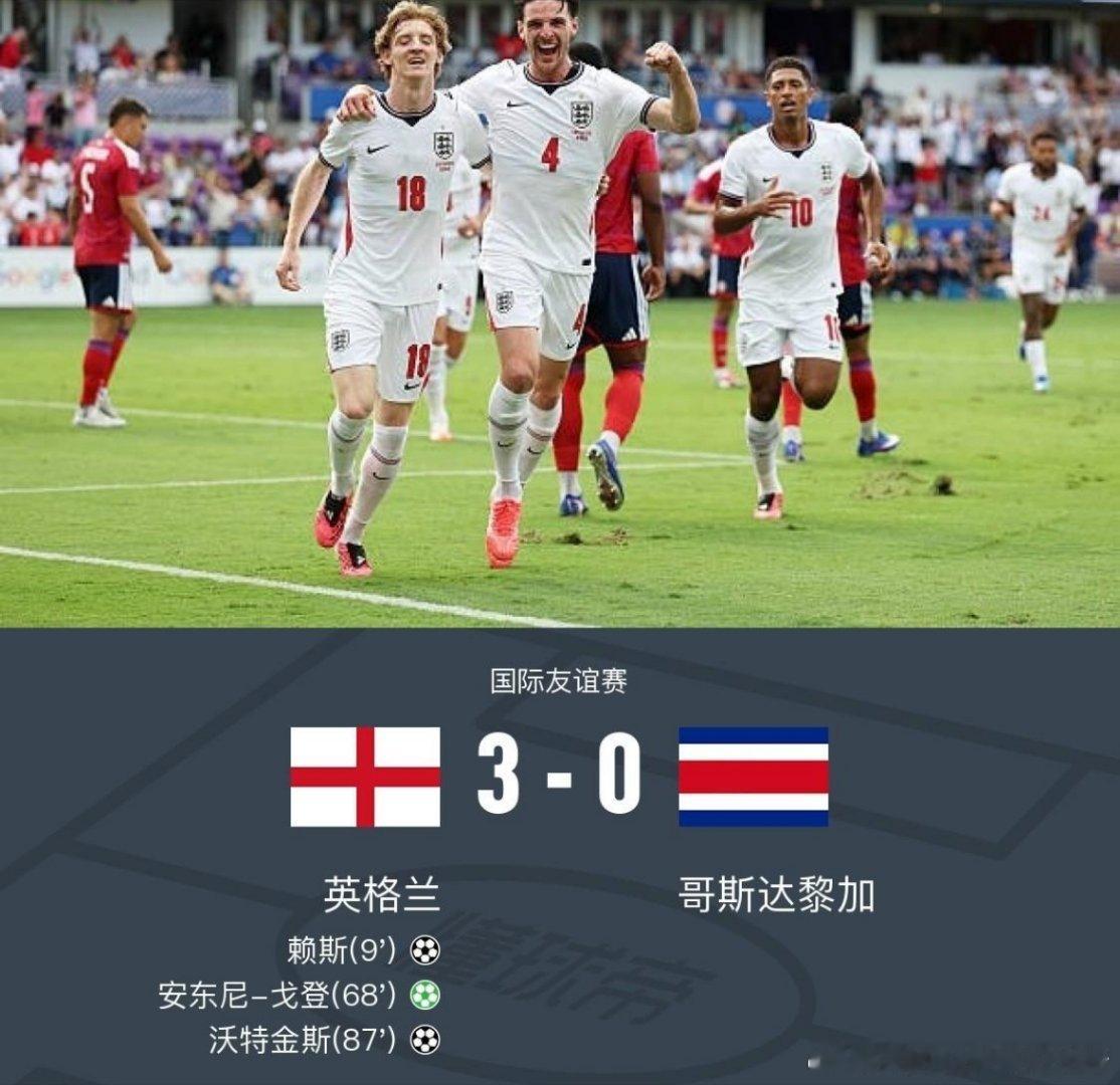 英格兰3-0哥斯达黎加，戈登传射，赖斯破门，马杜埃凯失空门，北京时间6月11日国