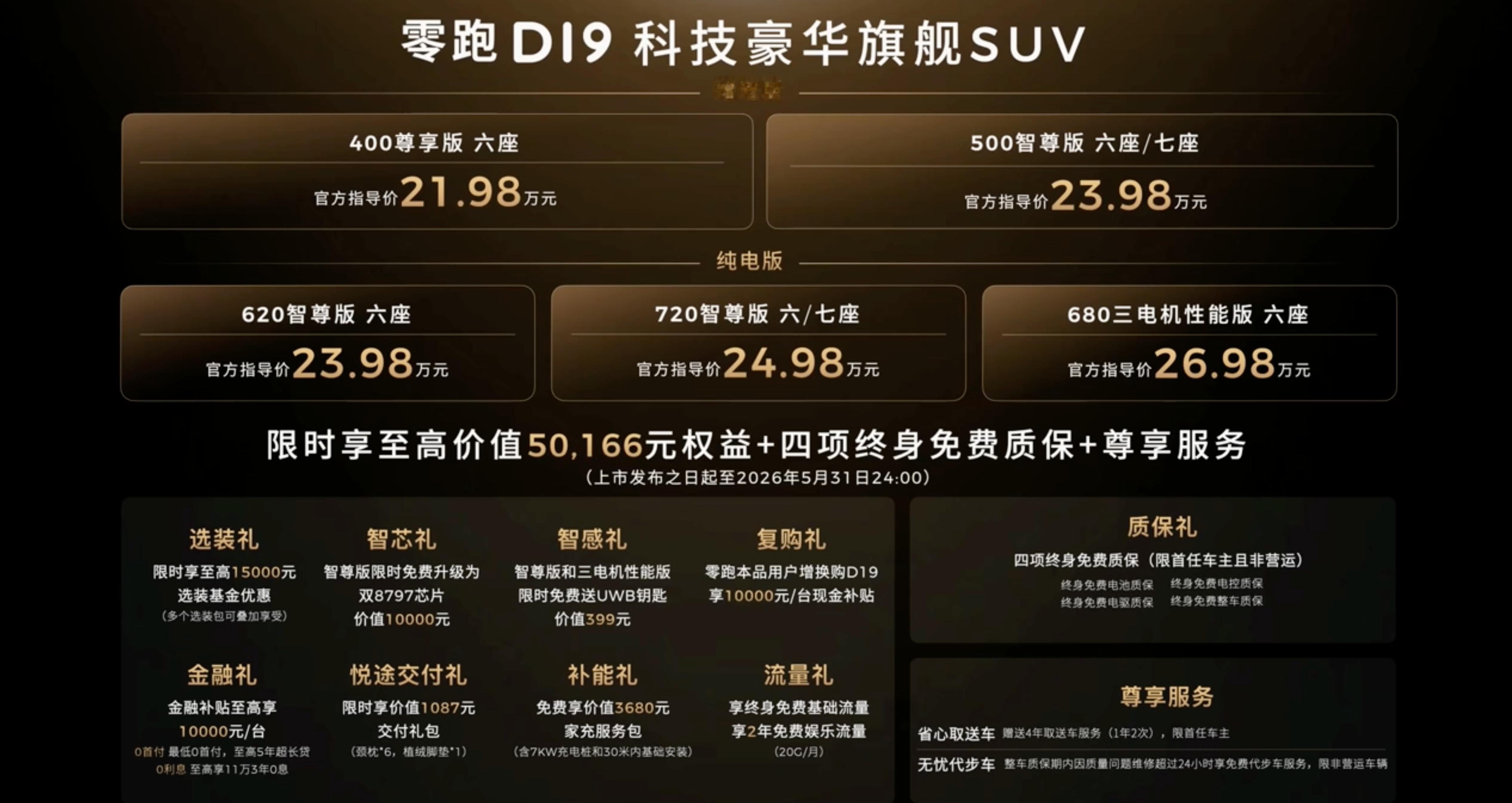 零跑D19，上市价格21.98万元起，全系标配宁德时代电池。增程版纯电续航突破5
