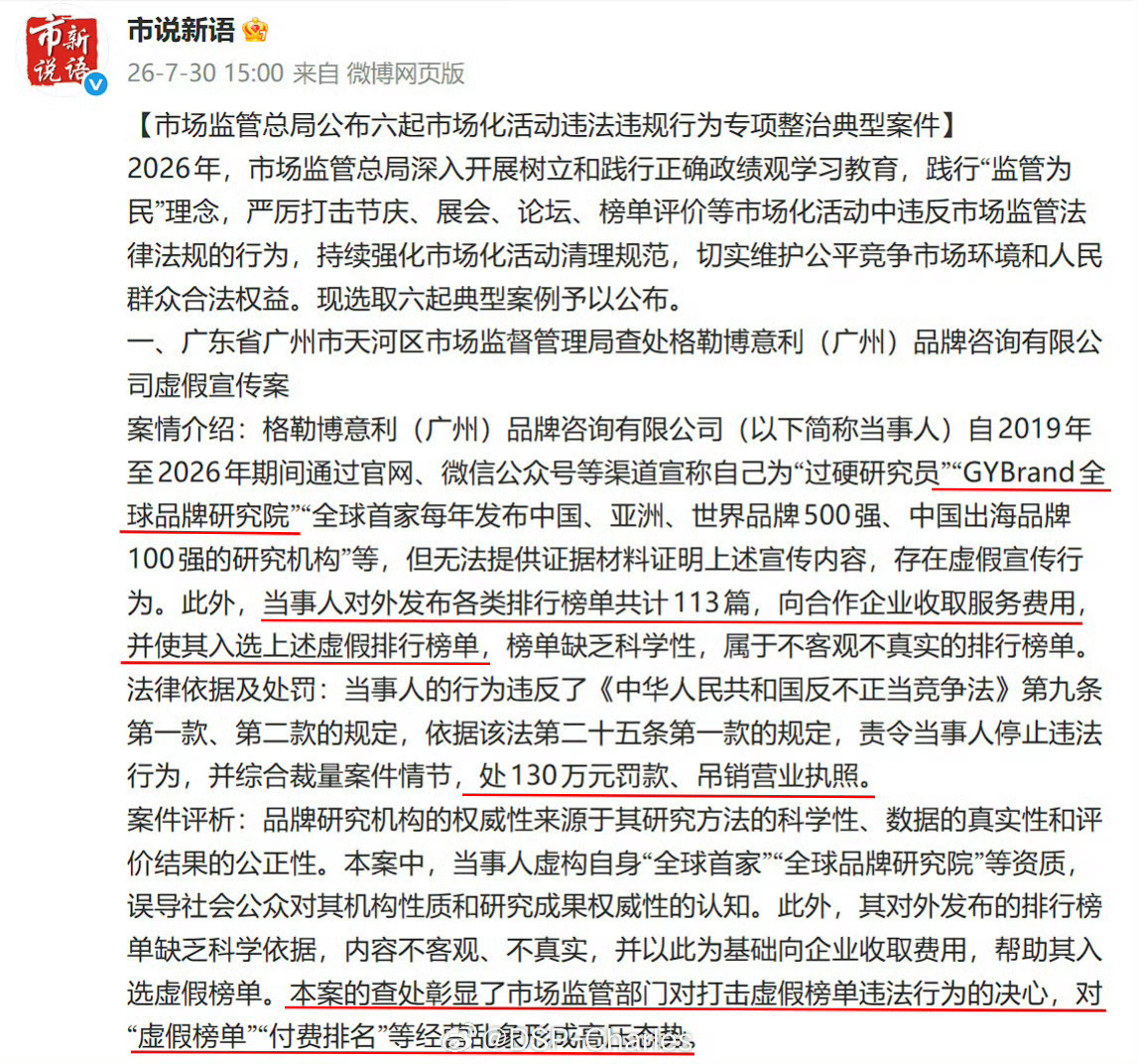 2026年市监总局公布典型案件：格勒博意利（广州）品牌咨询公司，虚构“全球品牌研