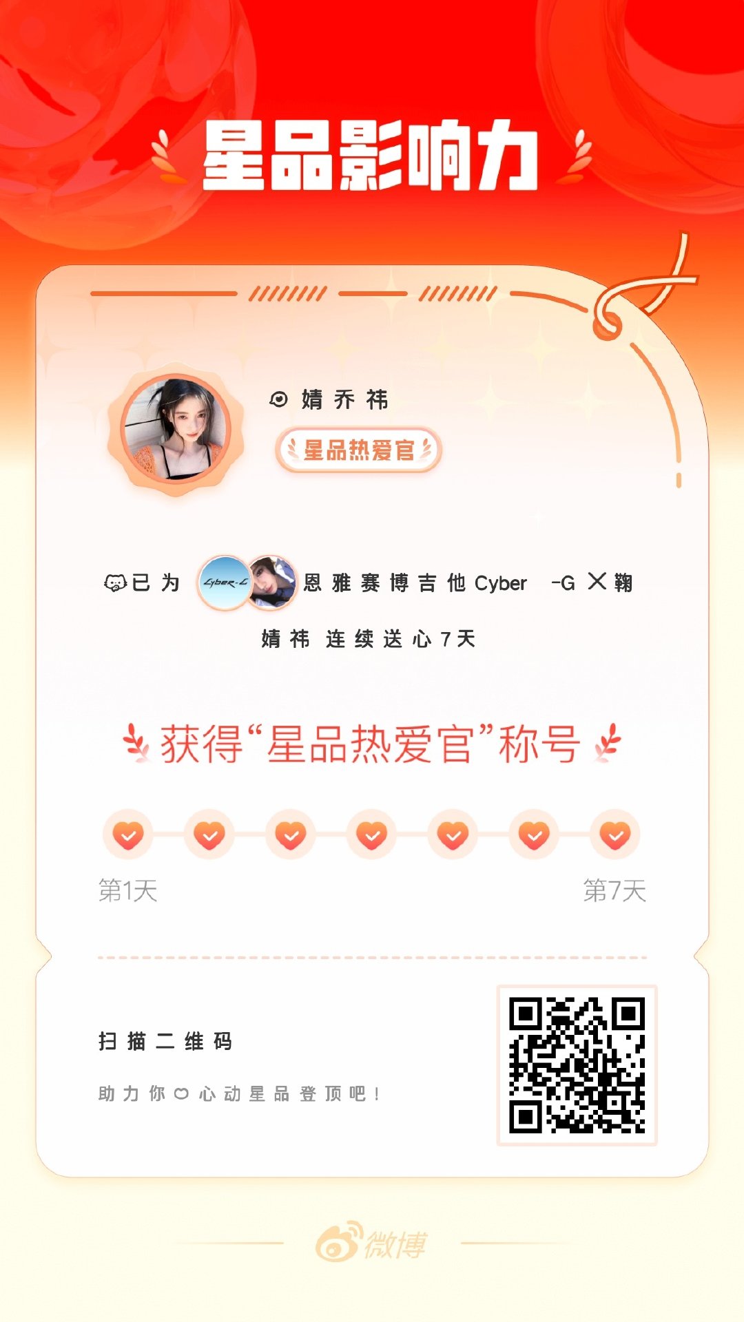 我在星品影响力上为 X 连续送心7天，获得“星品热爱官”称号！快来一起pick你