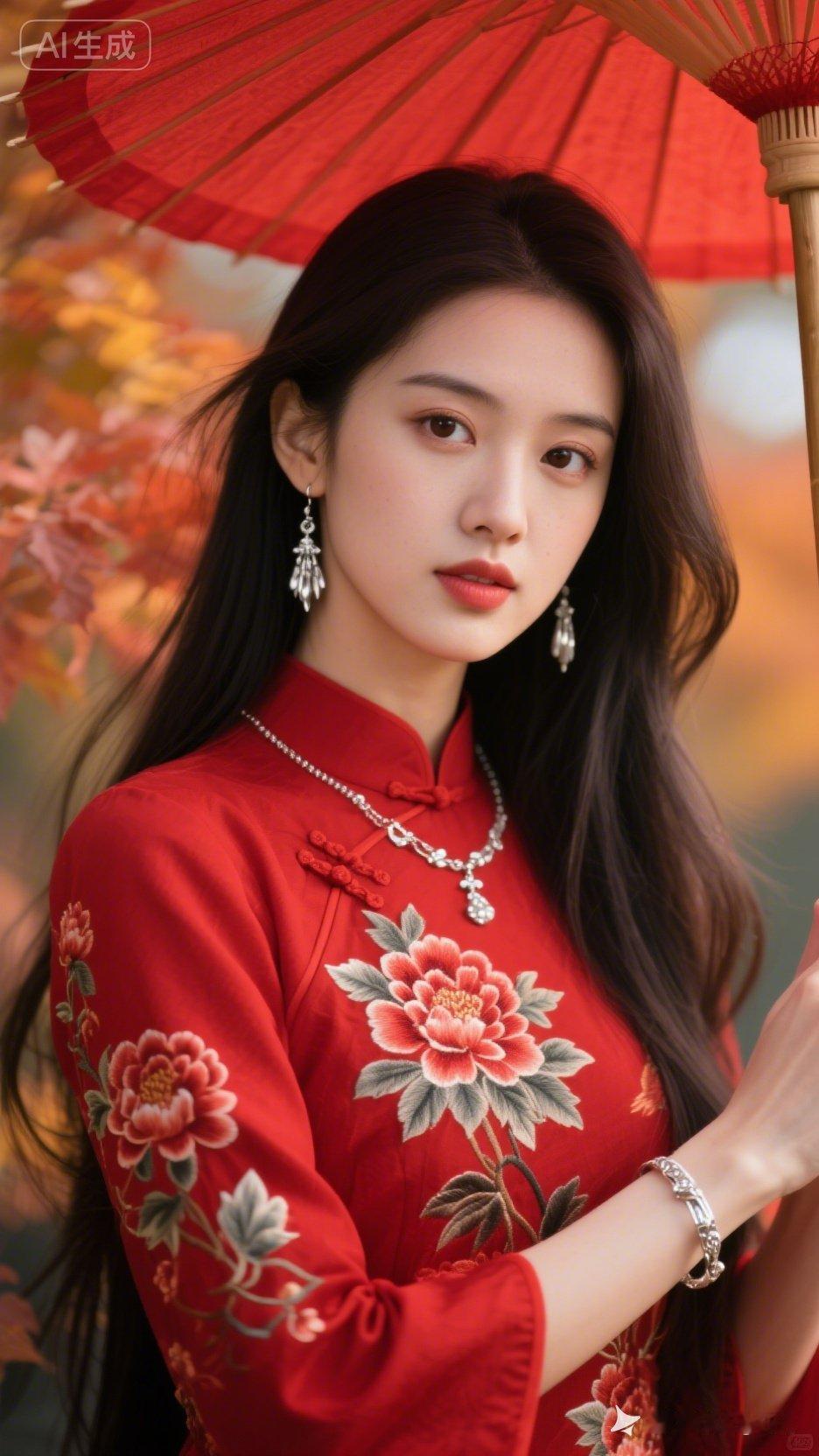 红衣美人撑伞，秋意浓浓，古典韵味十足！