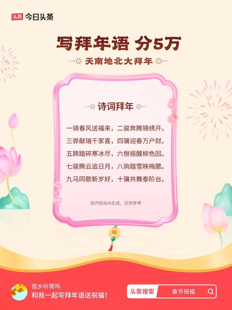 写拜年语送祝福新春拜年送祝福！我的祝福是：“一骑春风送福来，二骏奔腾锦绣开。三骅
