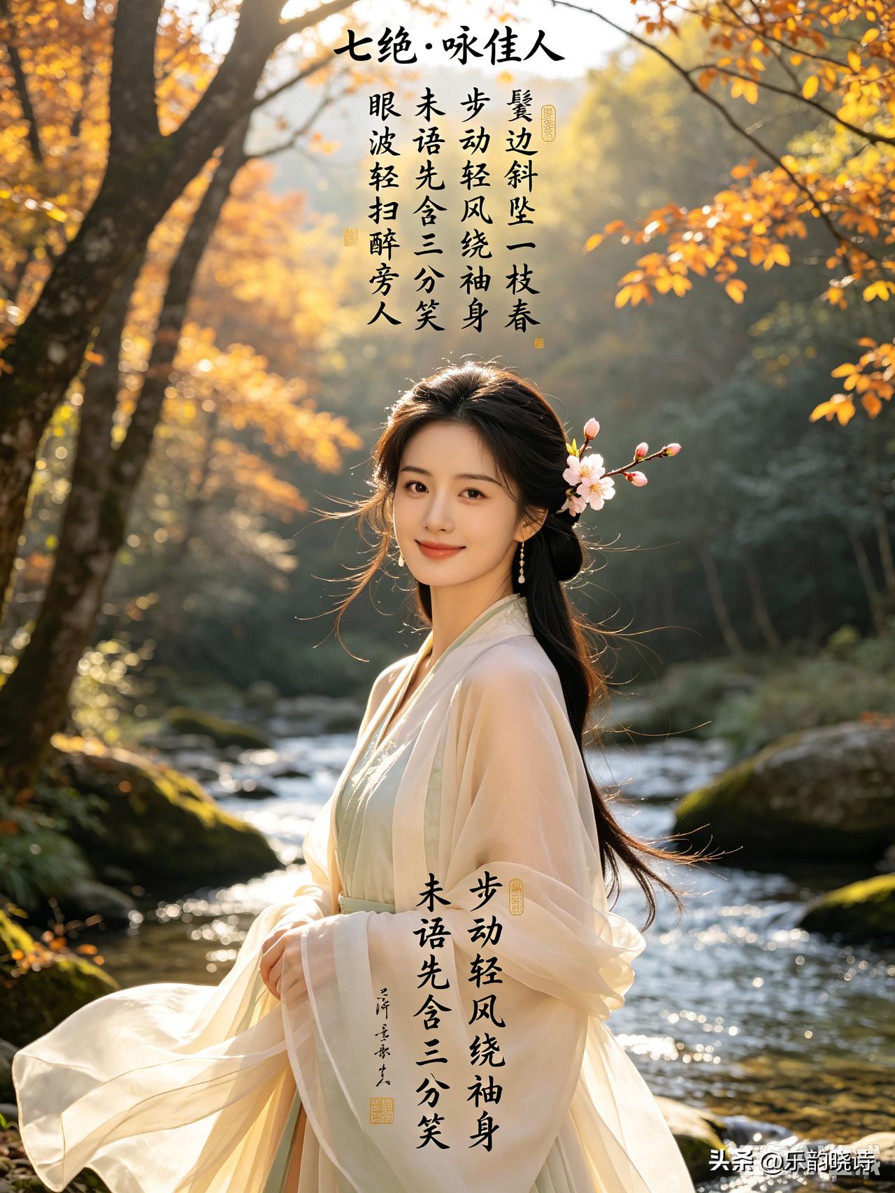 头条创作训练营 乐韵晓诗这首《七绝*咏佳人》太绝了！“鬓边斜坠一枝春”，一个“斜