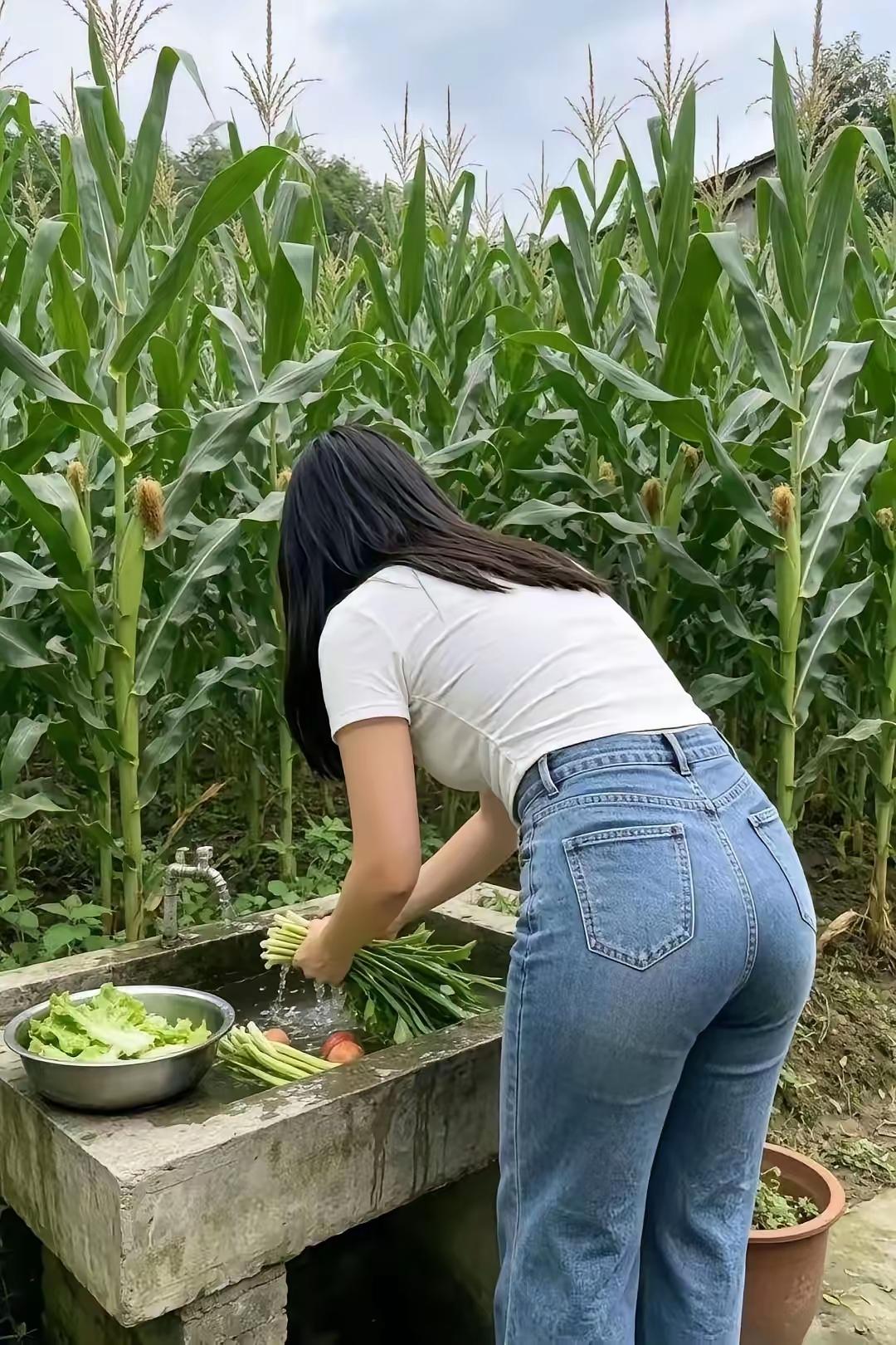 一个女孩在田间洗菜。