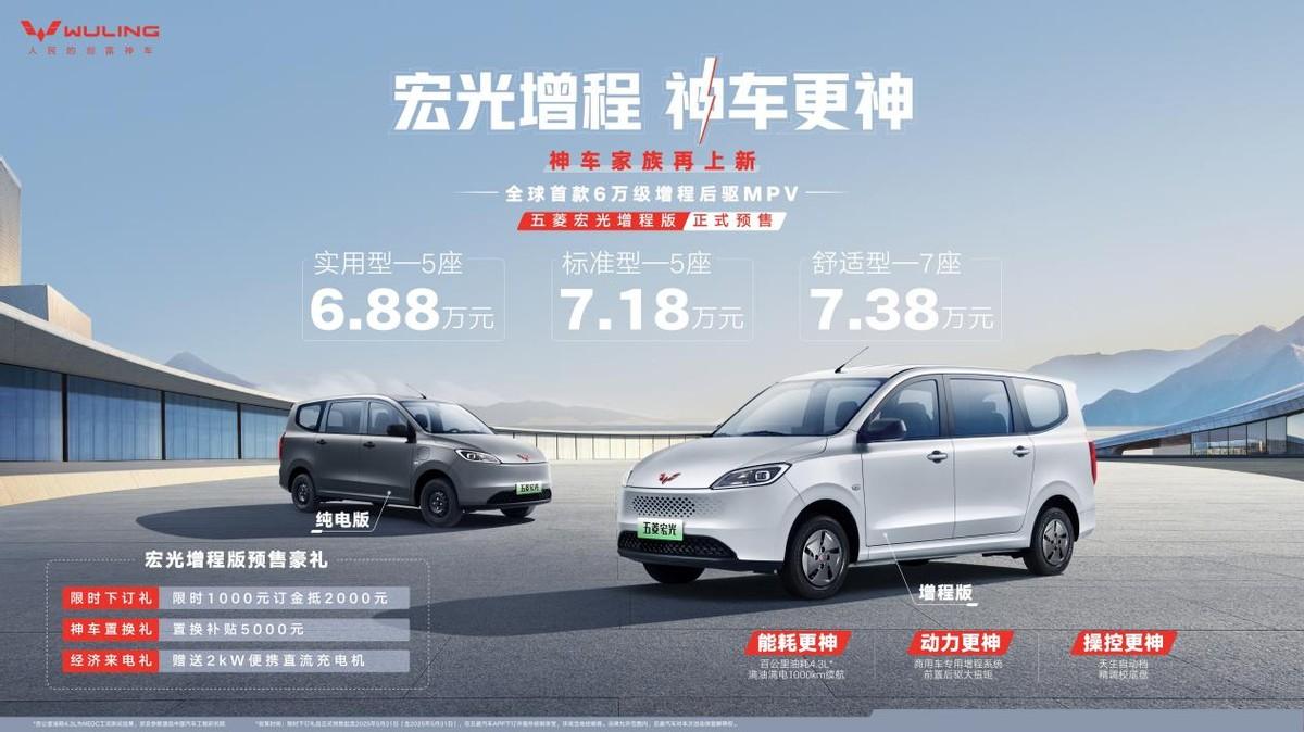 创富路上新选择，五菱宏光增程版来了，预售价6.88万起。
对于创富小伙伴来说，五
