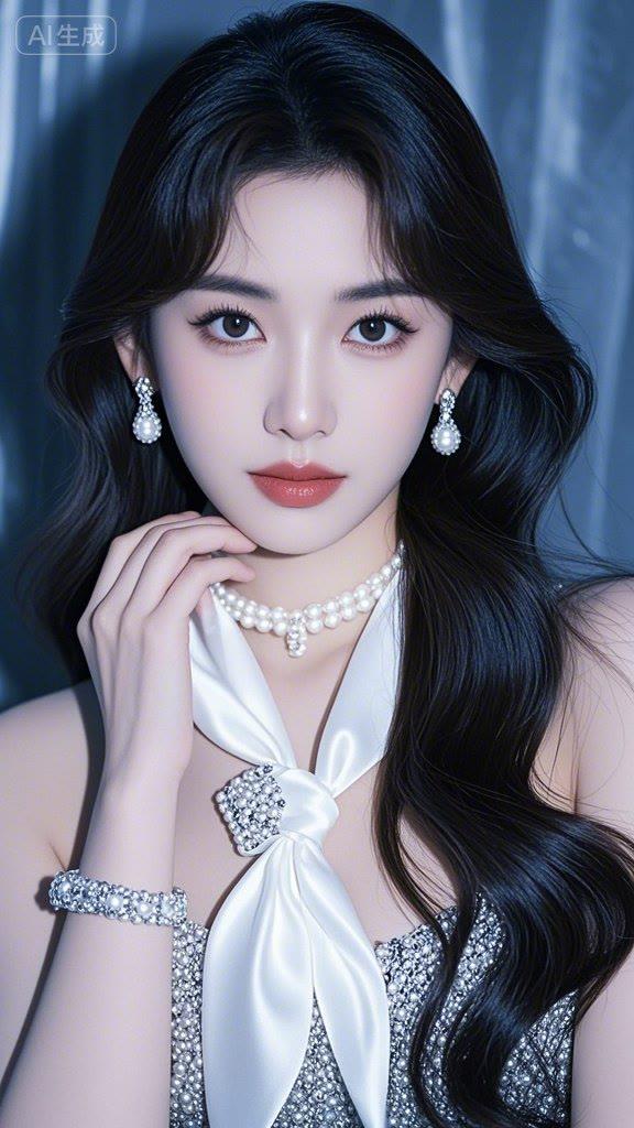 优雅黑发美人，珍珠与钻石的完美搭配，尽显高贵气质！💎✨