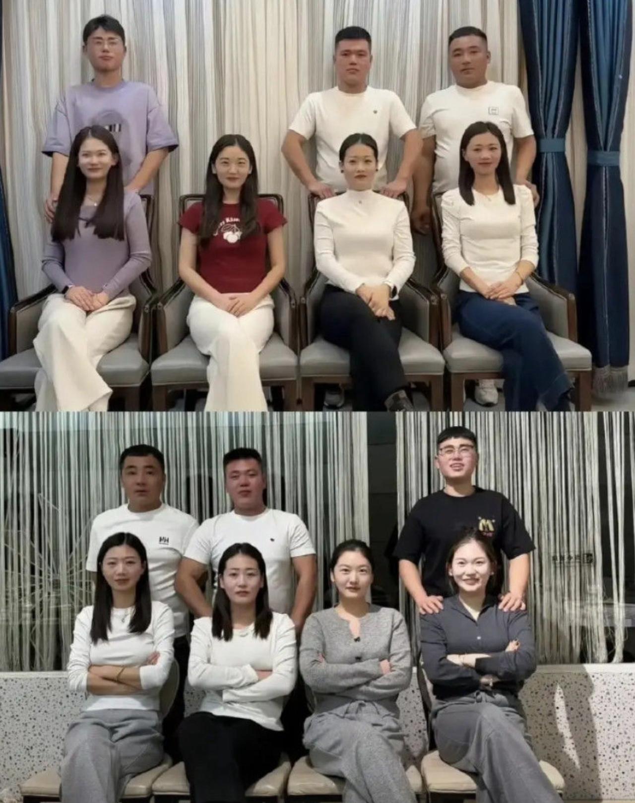 头回拍照：男士老老实实后排靠墙站，姑娘们端庄坐前排，客套得像初次商务会面。
二回