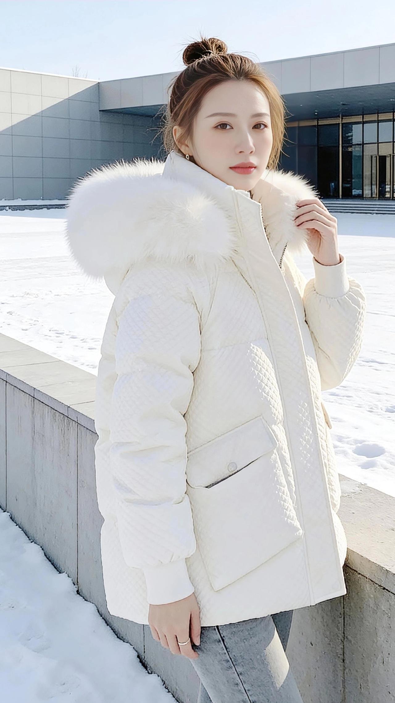 雪落在她的发梢时，世界忽然静成一帧留白。
 
米白的羽绒服裹着蓬松的暖意，毛领像