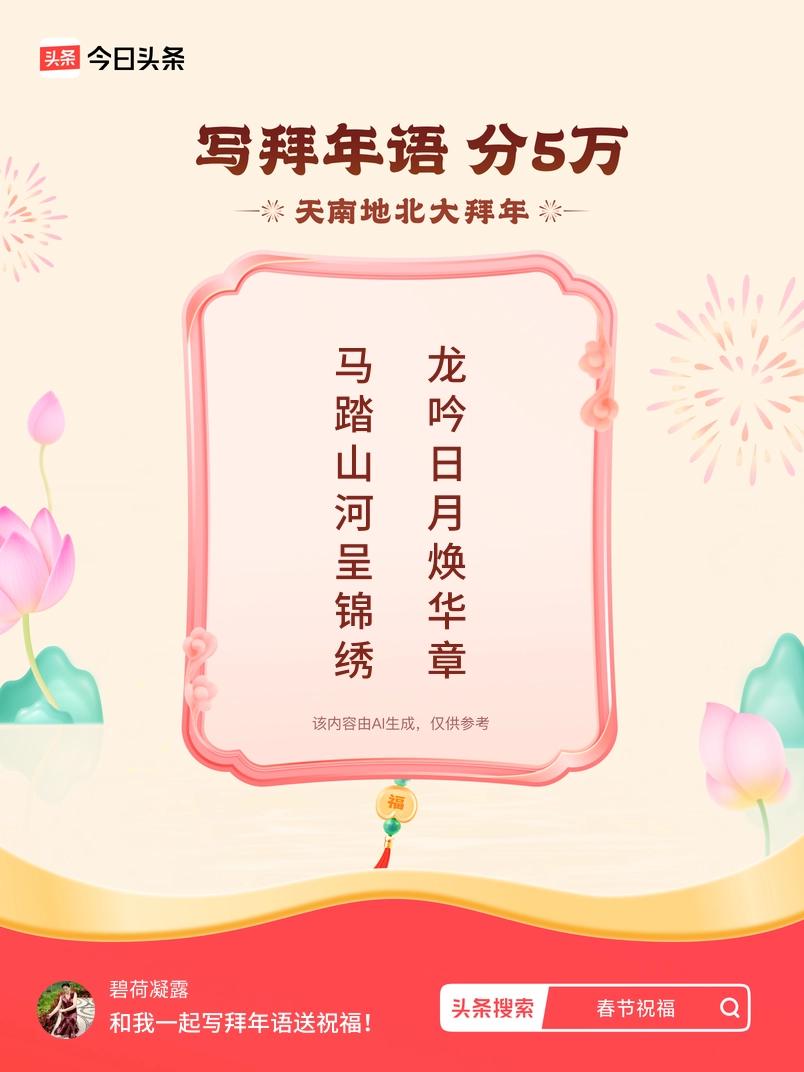 写拜年语送祝福新春拜年送祝福！我的祝福是：“马踏山河呈锦绣，龙吟日月焕华章”！快