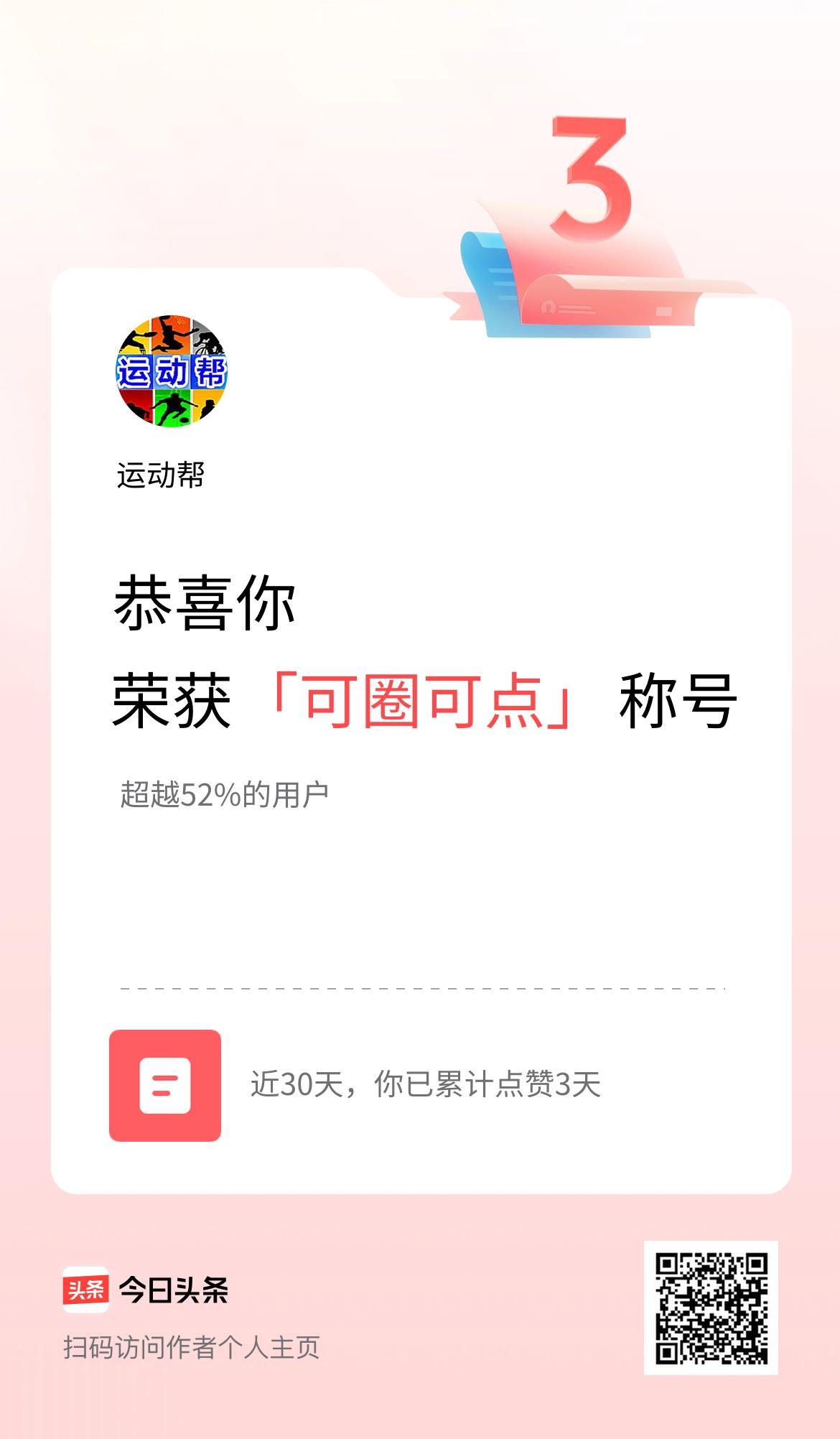 我在头条30天内点赞打卡3天，获得“可圈可点”称号