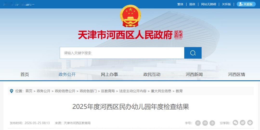天津河西区的宝爸宝妈们注意啦！今天教育局刚公布了一份2025年度民办幼儿园的年检