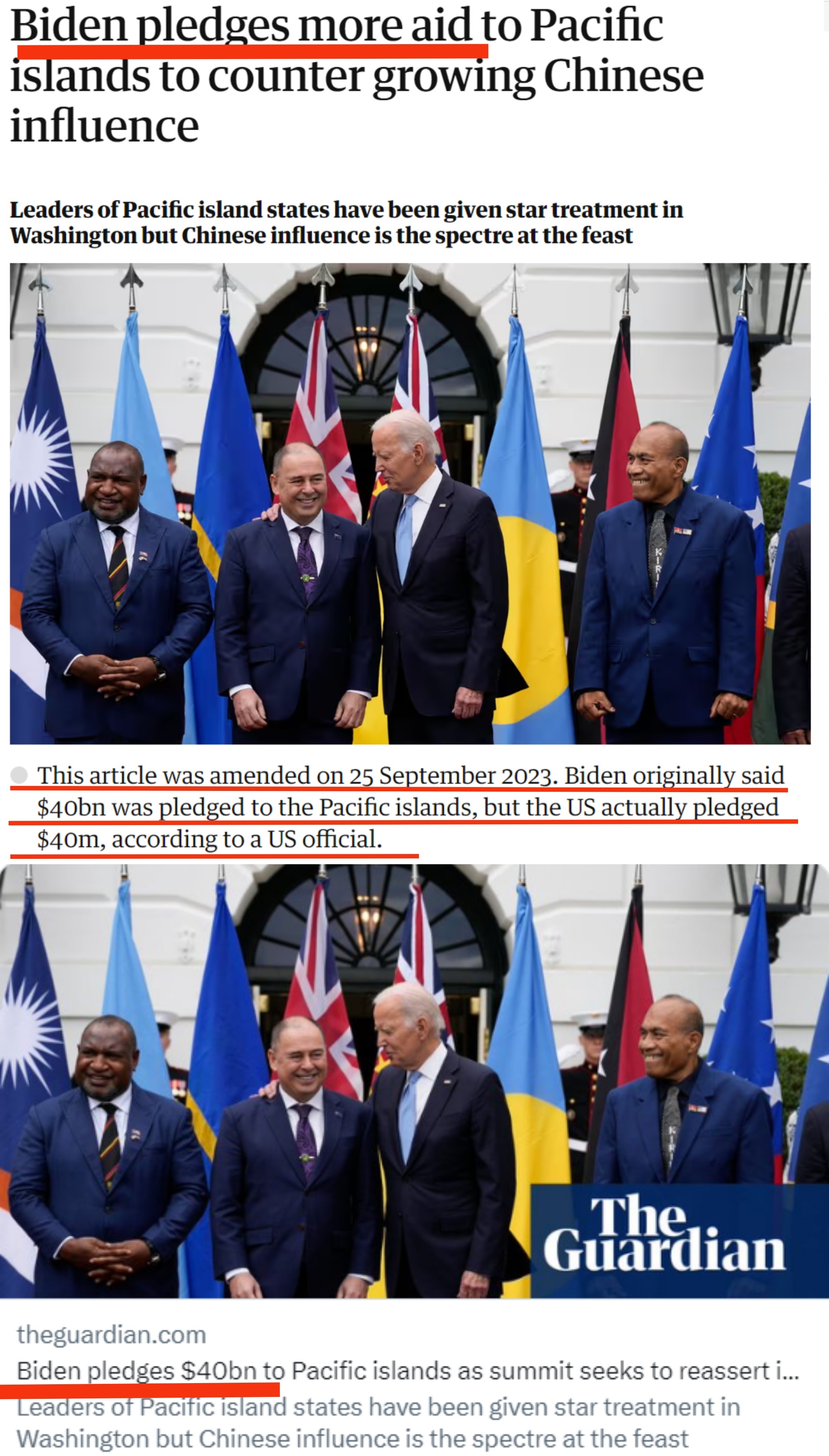 “美国总统的口误”。美国刚刚邀请到18个太平洋岛国去华盛顿开论坛，拜登总统承诺将