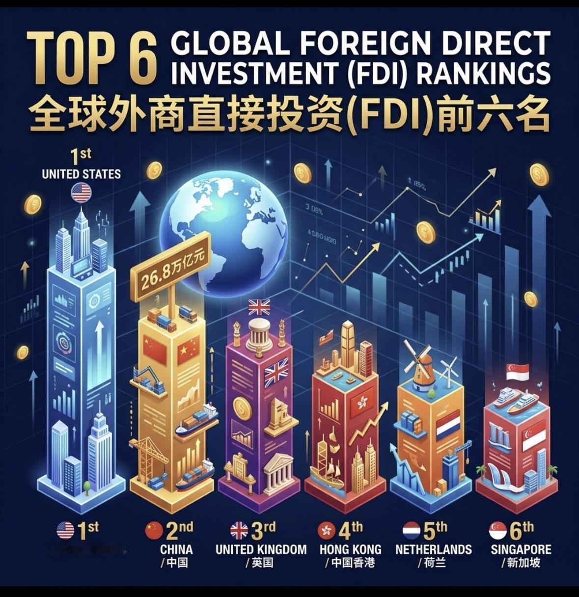 全球外资选择六强

昨天讲课谈到国际资本（FDI）优先选择美国、中国，说明这两个