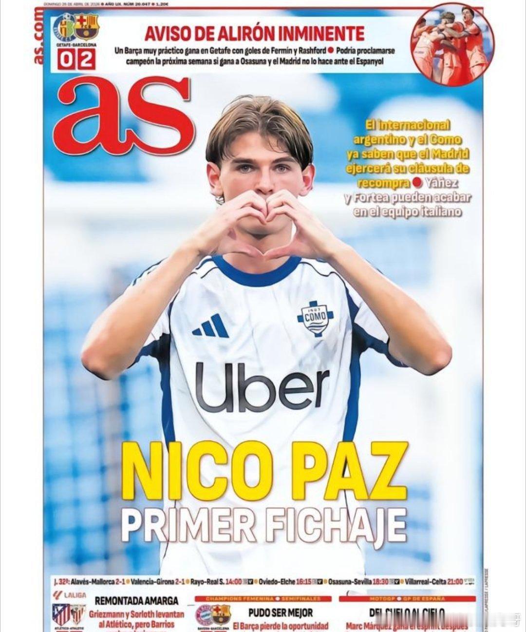 本周日的《阿斯报》将尼科-帕斯放在了封面位置，报道称皇马将执行其在科莫手中的回购