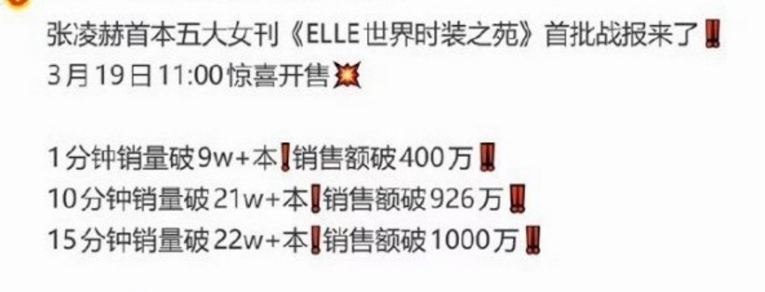 张凌赫首本五大女刊《ELLE》杂志销量战报！1分钟9w本销售额破400w，15分