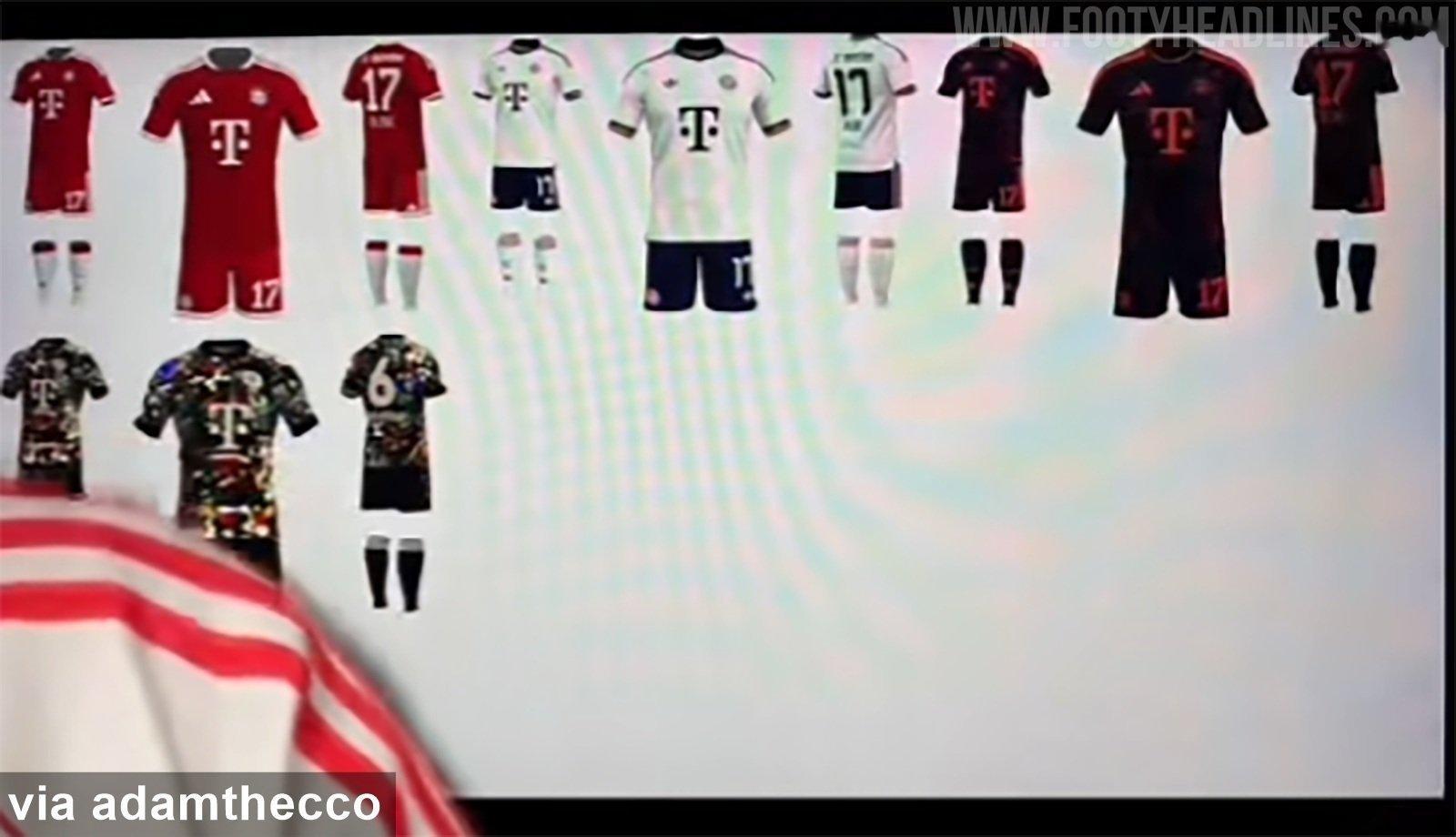 泄露的（像素化）图片展示了拜仁下赛季的球衣。除了经典的红白金主场球衣、带有三叶草