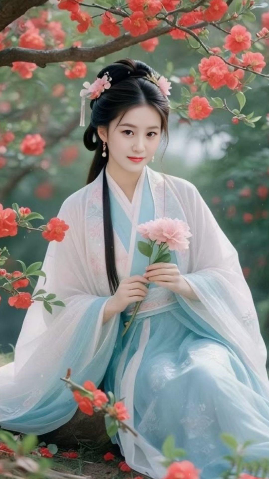 古风少女，花间漫步，粉花相映，唯美如画