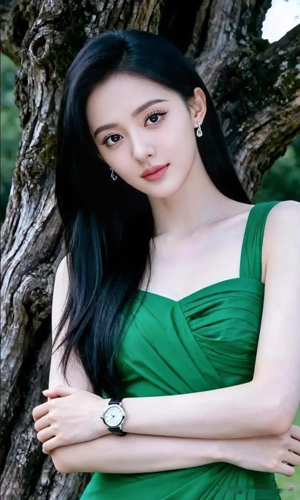 墨发倾泻，绿裙摇曳。在斑驳树影间，她将时光凝成腕间的清辉，眼眸盛满星河，静谧生姿