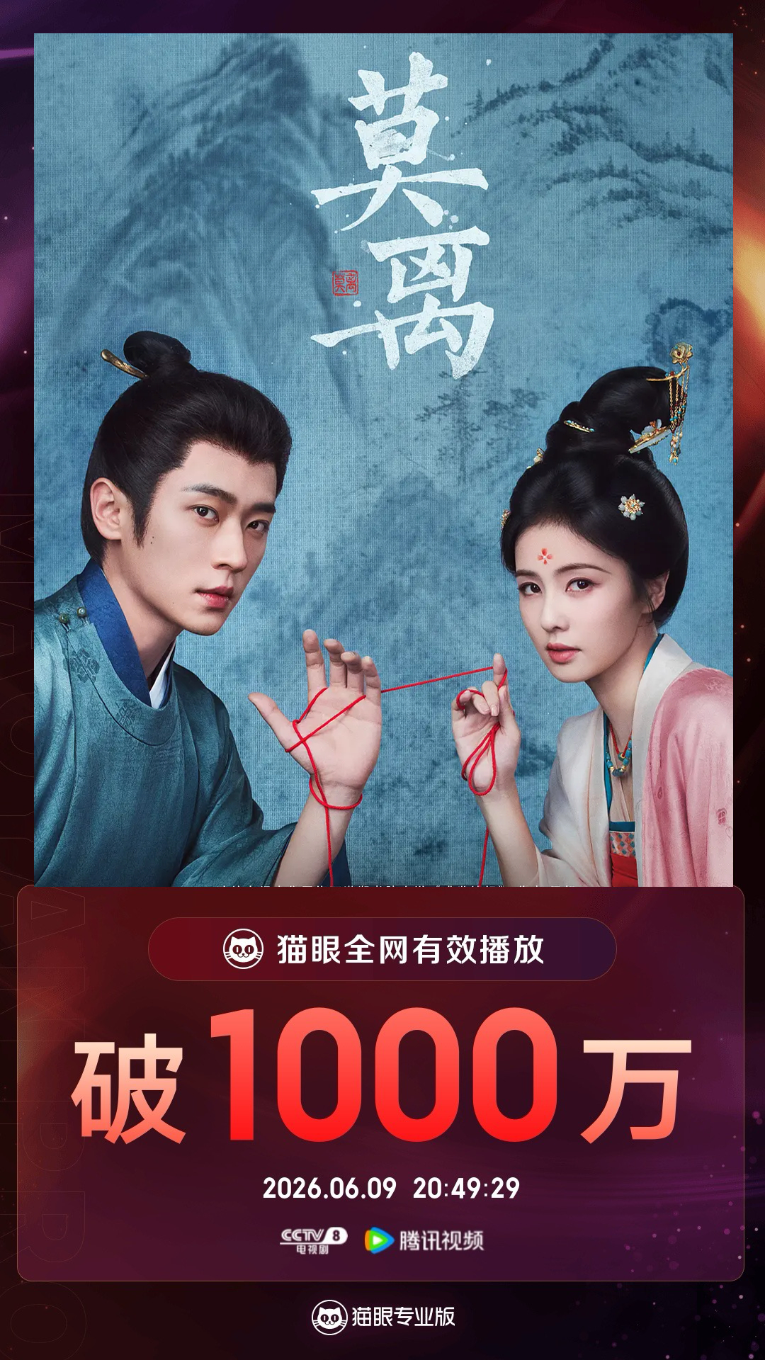 莫离莫离有效播放量破1000万  据猫眼专业版数据，领衔主演电视剧《莫离》今日开
