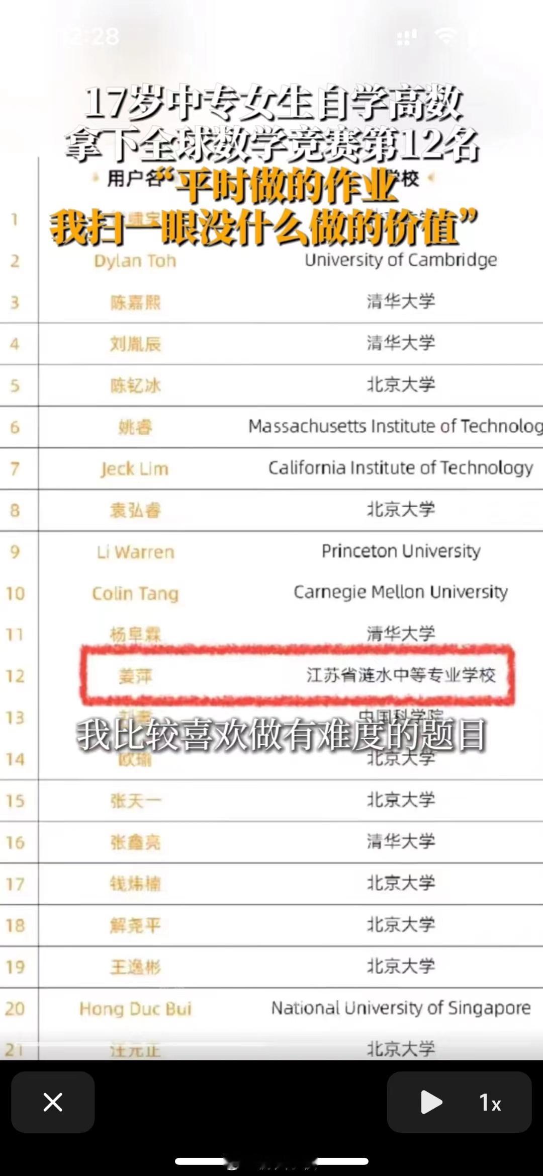 是金子总会发光的，即使在中专，一样有顶尖的人才。这个人估计当初也是一时发挥失常才