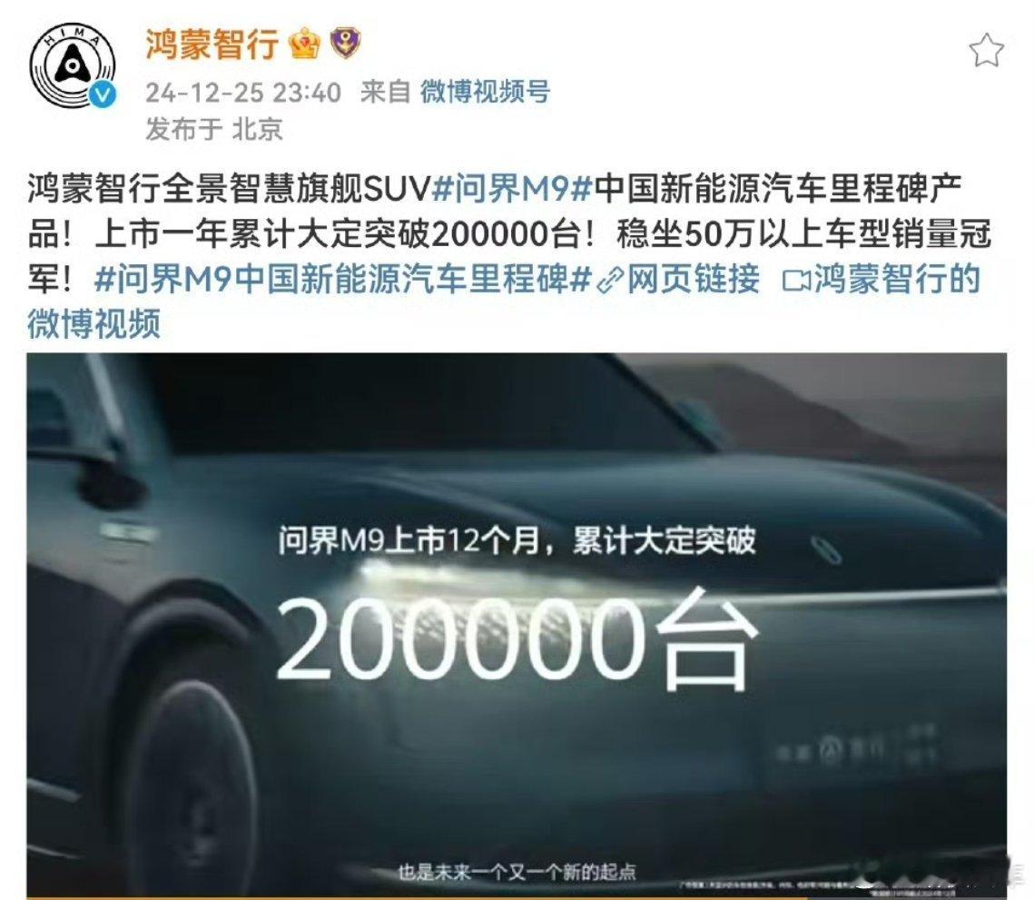 2024年12月25日，问界M9累计大定20万。2025年9月底，问界M9累计交