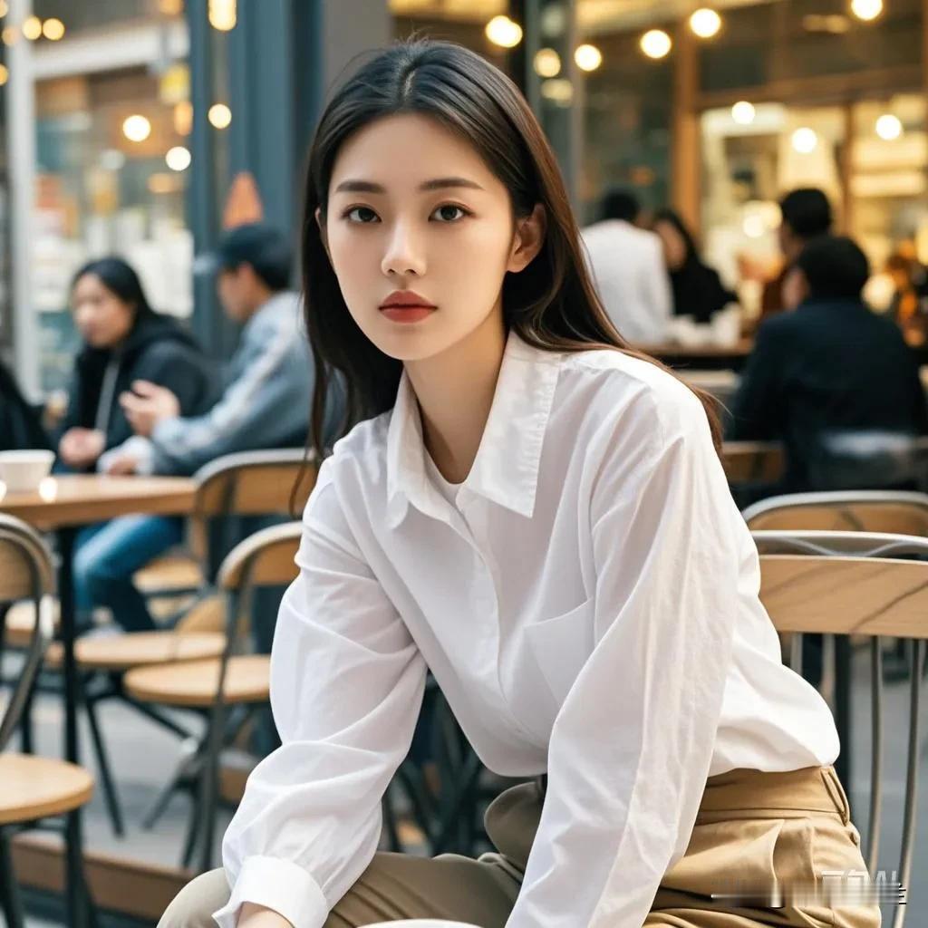优雅白衬衫，咖啡馆里的静谧时光。