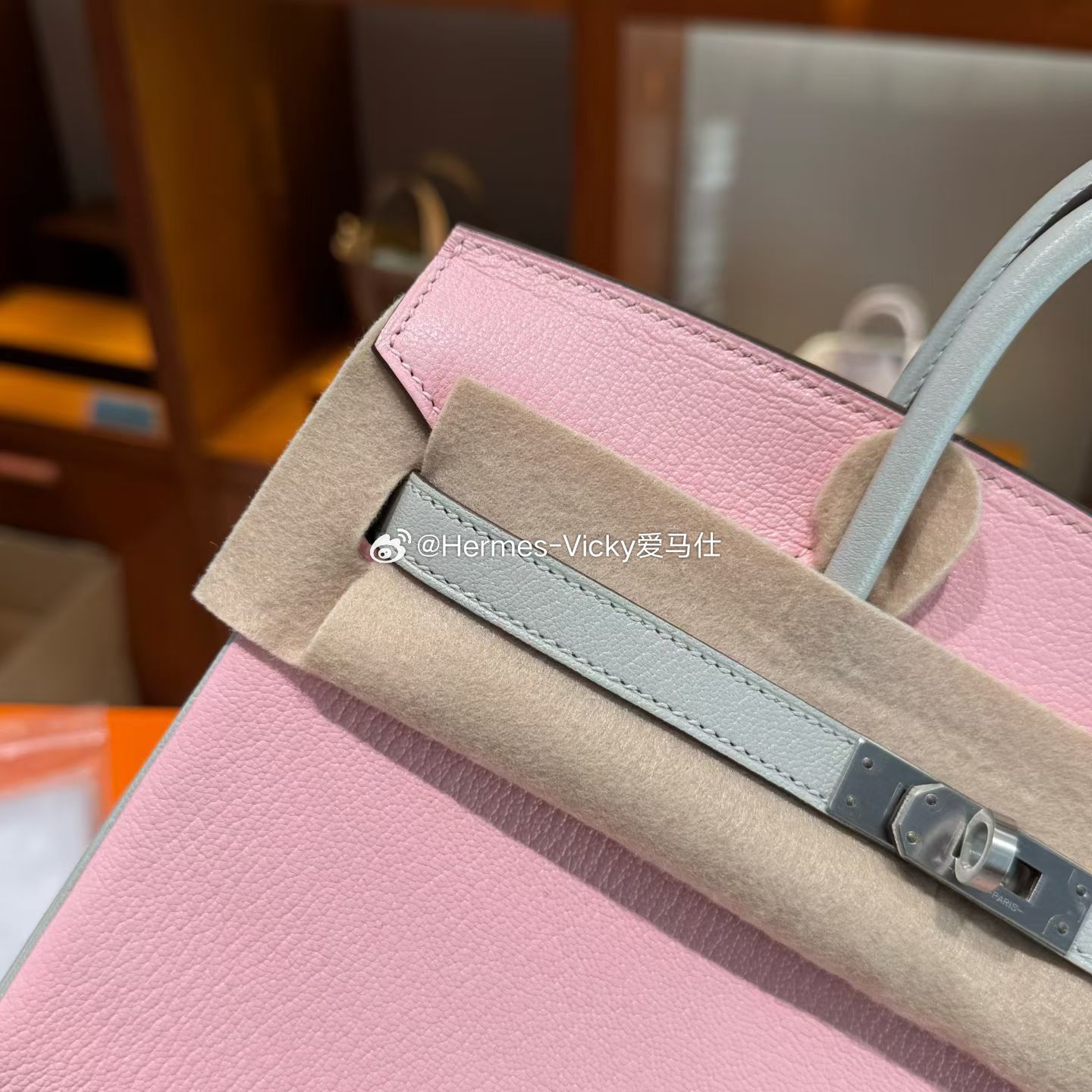 Birkin25 山羊皮 3Q樱花粉拼80珍珠灰 拉丝银扣爱马仕hermes