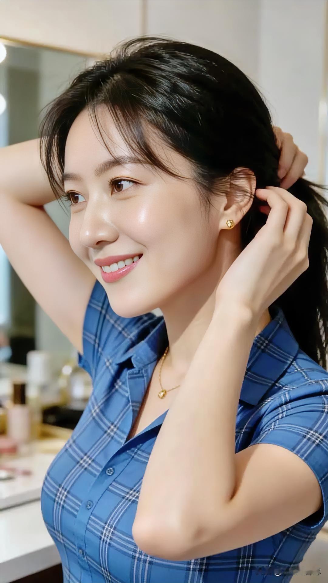 晨光漫过镜沿，梳妆台晕开温柔。

蓝格衬衫，裹着青春的气息。

金饰轻闪，似星子