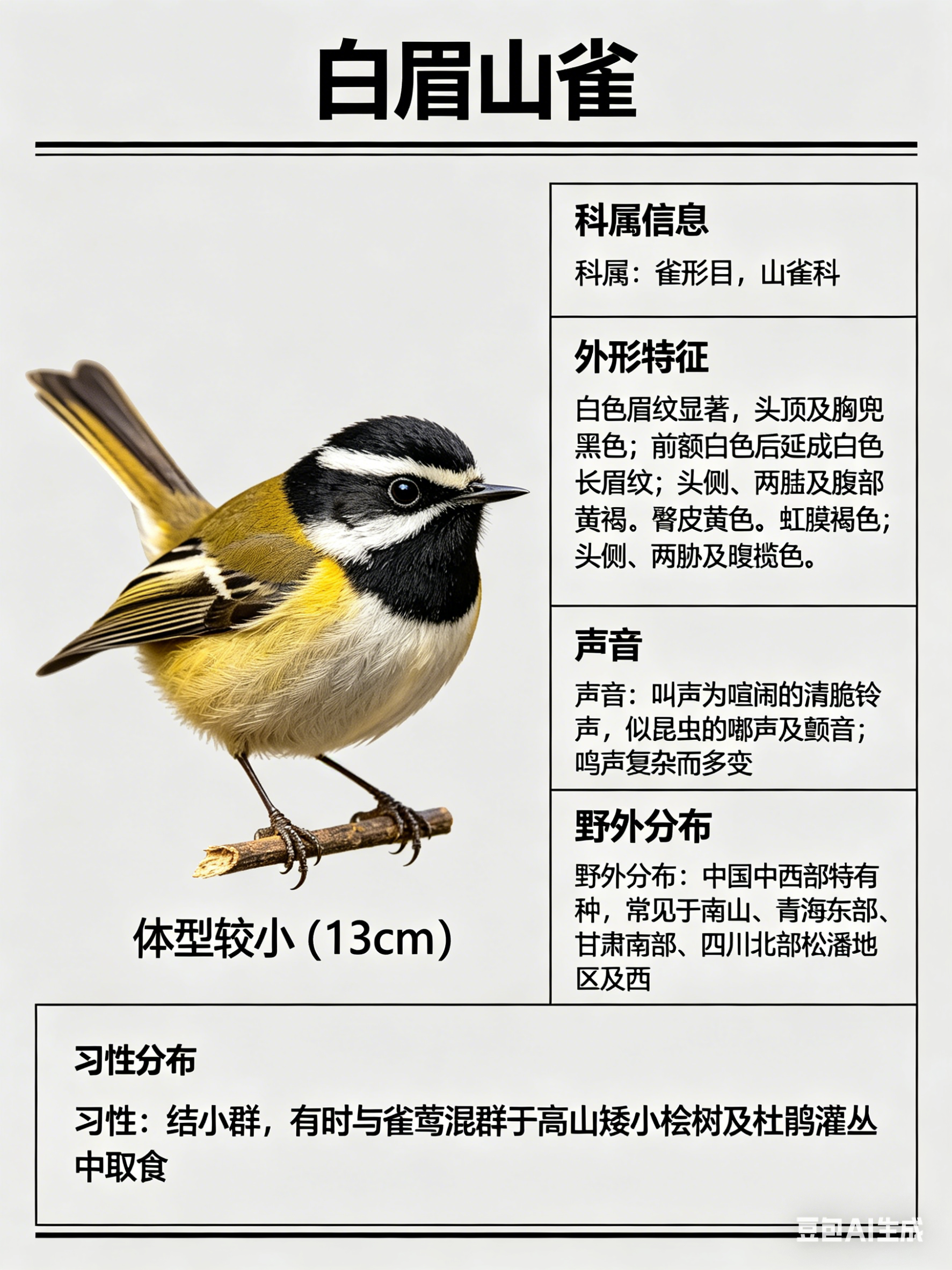 鸟类朋友图鉴 白眉山雀·科属：雀形目，山雀科。·外形特征：体型较小（13cm）的