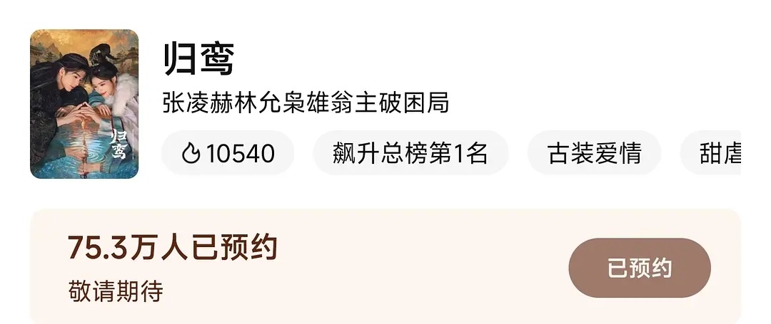 归鸾预告发了一小时热度就破万了，冲上飙升榜TOP1，剧粉果然爱看顶颜古偶