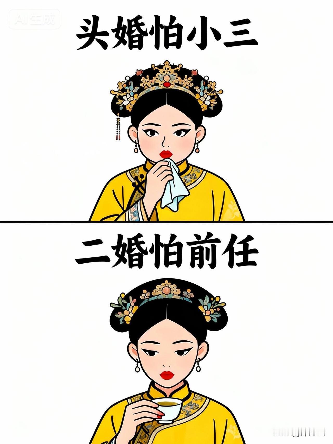 头婚怕小三，二婚怕前任。
人到了上有老下有小的年纪才明白，
爱情，是婚姻里最大的