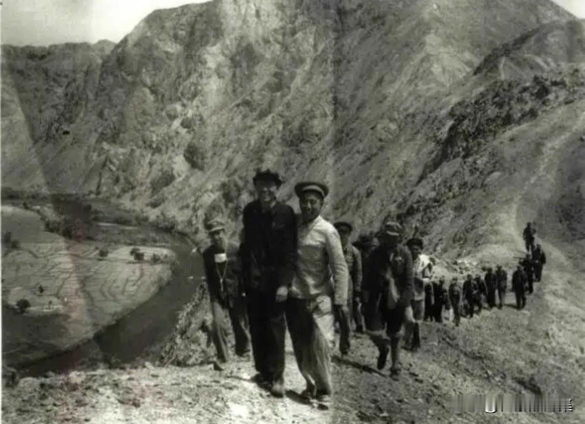 1959年，王震率水利专家考察孔雀河并决策建设水电站，新疆水利厅厅长王鹤亭陪同。
