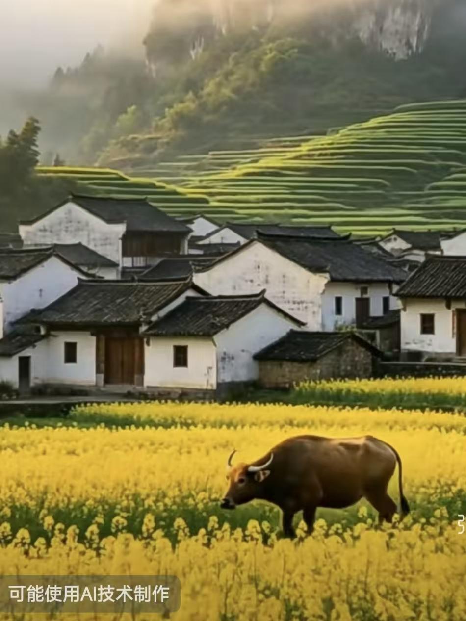 塞鸿秋·晨村
晨烟轻绕金花浪，
晓雾漫入古村巷。
时光慢逐清风荡，
一川烟火凝画