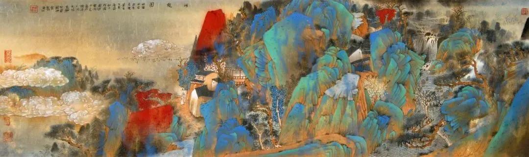 重彩山水：碧水青山草连空，白云红树古今同