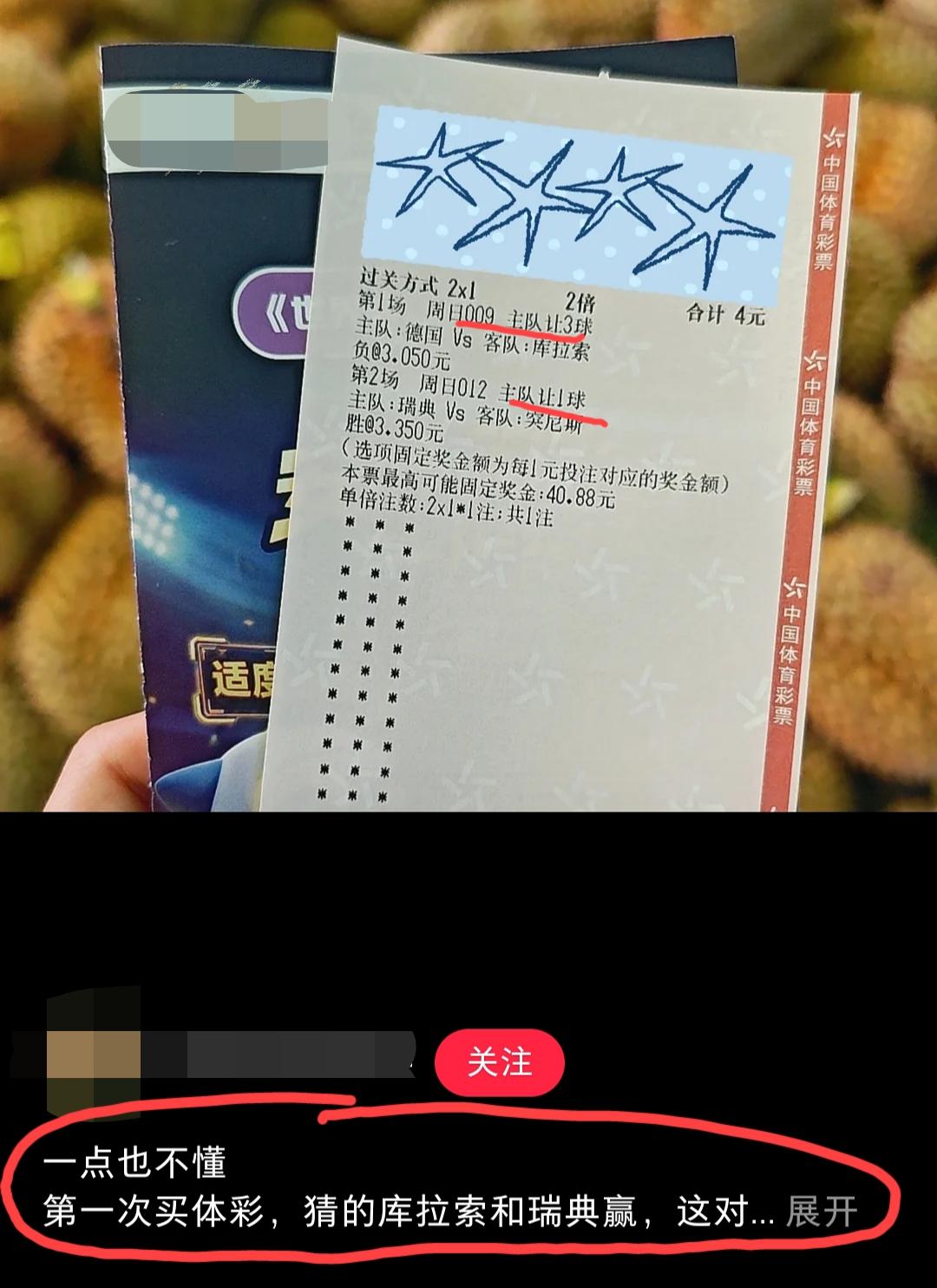 德国vs库拉索、瑞典vs突尼斯，今天的这两场比赛，网友买了这样一张彩票，并声称: