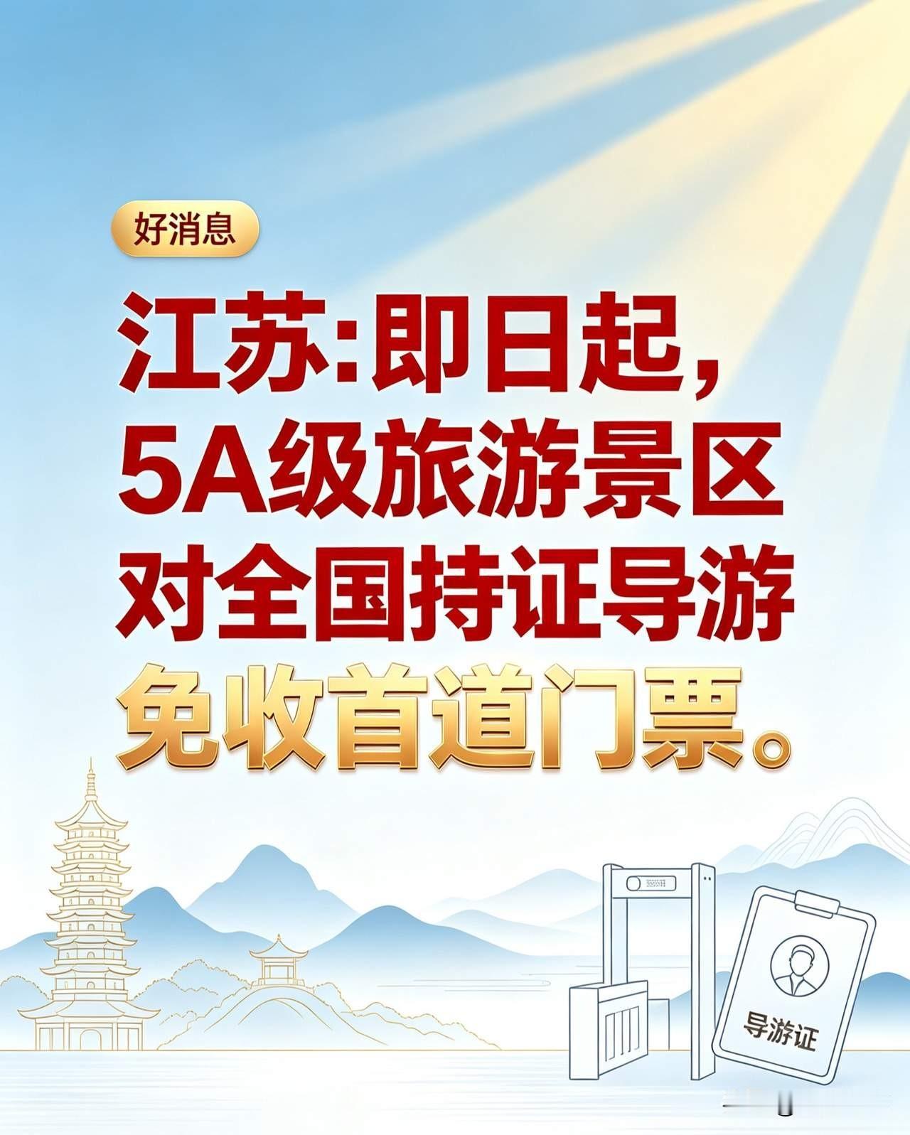 江苏省先人一步，对全国导游免费开放所有5A景区。
    好消息来了，昨天，江苏